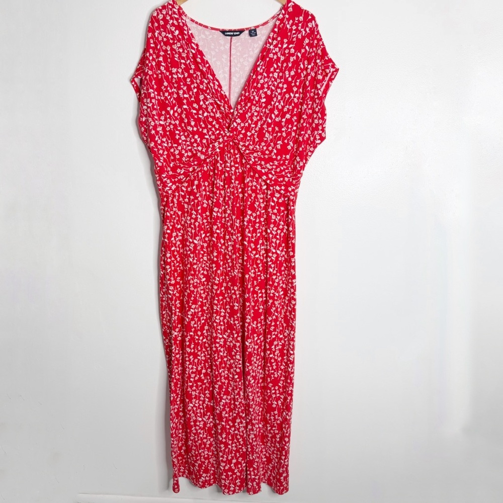 NWOT Lands' End Twist-Front Floral Maxi Dress Orange/Red White 1X Stretch Casual - Picture 2 of 9